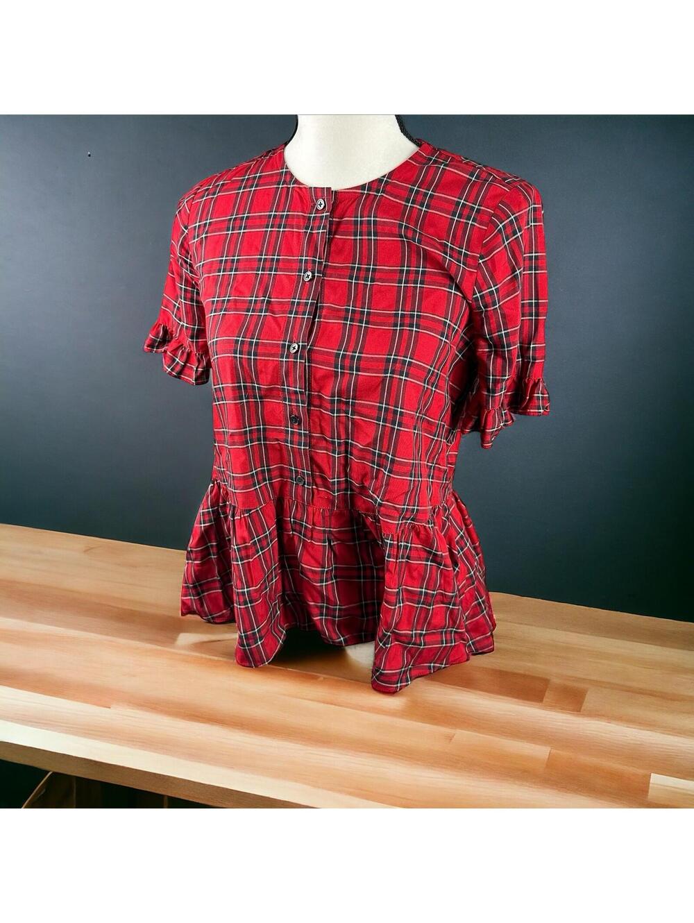 Madewell Red Black Plaid Top Blouse Size XS Womens Button up Babydoll Pullover